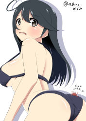Rule 34 | 10s, 1girl, ashino moto, ass, bikini, black eyes, black hair, blush, breasts, crab, female focus, highres, kantai collection, large breasts, long hair, looking at viewer, looking back, open mouth, sideboob, simple background, solo, swimsuit, ushio (kancolle)
