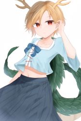 Rule 34 | 1girl, absurdres, antlers, blonde hair, blue bow, blue shirt, blue skirt, bow, commentary request, cowboy shot, dakuazu, dragon girl, dragon horns, dragon tail, hand in own hair, highres, horns, kicchou yachie, long skirt, looking at viewer, midriff peek, red eyes, shirt, short hair, simple background, skirt, solo, tail, touhou, turtle shell, white background