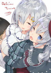 Rule 34 | 10s, 2girls, alternate costume, bad id, bad twitter id, blue eyes, breast press, breasts, brown skirt, cardigan, eyes visible through hair, from above, hair ornament, hair over one eye, hairclip, hamakaze (kancolle), hat, highres, hug, hug from behind, kantai collection, kashima (kancolle), kou mashiro, large breasts, long hair, long sleeves, looking at viewer, multiple girls, one eye closed, one eye covered, open mouth, pantyhose, plaid, plaid scarf, red skirt, scarf, short hair, silver hair, simple background, skirt, twintails, white background