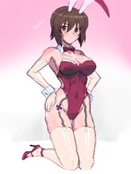 Rule 34 | 10s, 1girl, alternate costume, animal ears, blush, bow, bowtie, breasts, brown eyes, brown hair, cleavage, commentary request, covered navel, detached collar, elbow gloves, fake animal ears, full body, garter straps, girls und panzer, gloves, hair between eyes, hands on own hips, high heels, highres, kneeling, leotard, looking to the side, medium breasts, nishizumi maho, playboy bunny, rabbit ears, rabbit girl, see-through, short hair, solo, strapless, strapless leotard, thighhighs, white thighhighs, wrist cuffs, zero hime