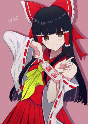 Rule 34 | 1girl, absurdres, arm up, ascot, bare shoulders, between fingers, black hair, blunt bangs, bow, brown eyes, dated, detached sleeves, hair bow, hair tubes, hakurei reimu, hands up, highres, holding, light blush, long hair, looking at viewer, mutsu aya, nail polish, ofuda, ofuda between fingers, pink background, red bow, ribbon-trimmed sleeves, ribbon trim, simple background, skirt, smile, solo, touhou, wide sleeves