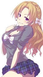 Rule 34 | 1girl, alternate costume, arched back, blonde hair, bow, bra, bra peek, braid, breasts, cleavage, clothes pull, cowboy shot, drop earrings, earrings, grin, gyaru, hair bow, heart, heart necklace, highres, idolmaster, idolmaster cinderella girls, jewelry, kiryu tsukasa (idolmaster), koumei (twinameless), long hair, looking at viewer, medium breasts, necklace, pinky ring, plaid, plaid skirt, pointing, pointing at self, purple eyes, red bra, simple background, skirt, skirt pull, smile, solo, thighs, underwear, wavy hair, white background, white bow