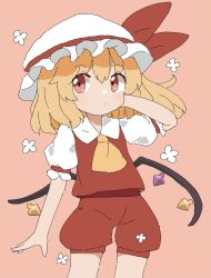Rule 34 | 1girl, :/, adapted costume, blonde hair, closed mouth, collar, cowboy shot, crystal, flandre scarlet, flower, hair between eyes, hand up, hat, hat ribbon, highres, iroha-kuro, light blush, looking to the side, medium hair, mob cap, multicolored wings, one side up, pink background, ponytail, puffy short sleeves, puffy sleeves, red eyes, red ribbon, red shirt, red shorts, ribbon, shirt, short sleeves, shorts, simple background, solo, standing, touhou, white flower, white hat, white sleeves, wings, yellow neckwear
