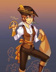 Rule 34 | 1girl, bandana, belt, boots, brown hair, halloween, hat, hat feather, jewelry, looking at viewer, mella, necklace, octopath traveler, octopath traveler i, orange hat, pirate, pirate hat, short hair, simple background, smile, solo, sword, tressa (octopath traveler), weapon