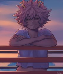 Rule 34 | 10s, 1girl, arm rest, artist name, ashido mina, backlighting, black sclera, boku no hero academia, closed mouth, colored sclera, colored skin, crossed arms, half-closed eyes, highres, horns, keiid, leaning on object, looking at viewer, medium hair, messy hair, midriff, outdoors, purple hair, purple skin, railing, shirt, smile, solo, stomach, t-shirt, twilight, upper body, white shirt, yellow eyes