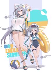 Rule 34 | 1girl, 2girls, :d, :o, absurdres, arms up, bikini, bilibili xiaolu, breasts, full body, grey hair, highres, innertube, jacket, large breasts, long hair, looking at viewer, multiple girls, open mouth, original, red eyes, sailor collar, sandals, school swimsuit, see-through, see-through jacket, short hair, short sleeves, smile, standing, swim ring, swimsuit, watch, white bikini, wristwatch