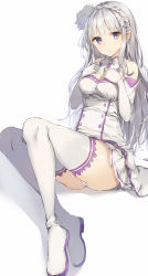 Rule 34 | 10s, 1girl, arms at sides, ass, boots, braid, breasts, commentary request, crown braid, emilia (re:zero), flower, gloves, hair flower, hair ornament, hands on breasts, hands on own chest, hands up, highres, long hair, looking at viewer, medium breasts, pleated skirt, pointy ears, purple eyes, re:zero kara hajimeru isekai seikatsu, revision, rurikoma, sidelocks, sitting, skirt, solo, thighhighs, thighs, very long hair, white background, white footwear, white gloves, white hair, white skirt, white thighhighs