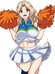 Rule 34 | 10s, 1girl, :d, blonde hair, blue eyes, cheerleader, commentary request, crop top, girls und panzer, graphite (medium), hair intakes, hifumi hajime, highres, holding, kay (girls und panzer), leg up, long hair, looking at viewer, midriff, miniskirt, motion lines, multicolored shirt, navel, nib pen (medium), open mouth, pleated skirt, pom pom (cheerleading), simple background, skirt, sleeveless, smile, solo, standing, standing on one leg, sweat, traditional media, w arms, white background, white skirt
