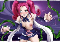 Rule 34 | 1girl, absurdres, armpits, arms up, battle damage, blue eyes, blurry, blurry background, blush, breasts, cleavage, dress, earrings, fairy tail, flatpancakesjim, frills, frilly skirt, highres, jewelry, long hair, magic, medium breasts, nail polish, necklace, nipple piercing, one breast out, panties, pantyshot, piercing, pink hair, plant, ribbon, sherry blendy, simple background, skirt, solo, torn clothes, twintails, underwear, vines