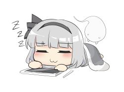 Rule 34 | 1girl, = =, black bow, black hairband, blanket, blush, bow, bow hairband, chibi, drawing tablet, grey hair, hairband, highres, konpaku youmu, konpaku youmu (ghost), lying, medium hair, motion lines, on stomach, pen, simple background, touhou, under covers, white background, youmu-kun, zzz