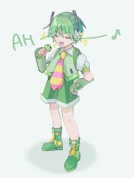 Rule 34 | 1boy, backpack, bag, boots, child, closed eyes, commentary, detached sleeves, green bag, green eyes, green footwear, green hair, green shirt, green shorts, green sleeves, gureru (r grey1204), hand on own hip, headphones, highres, holding, holding microphone, male focus, microphone, multicolored necktie, musical note, necktie, open mouth, pink necktie, randoseru, ryuuto (vocaloid), shadow, shirt, short hair, shorts, simple background, smile, solo, sparkle, standing, striped necktie, vocaloid, white background, yellow necktie