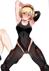 Rule 34 | 10s, 1girl, armor, armpits, arms behind back, arms up, bad id, bad twitter id, black leotard, black pants, blonde hair, blush, bob cut, breasts, breath, brown eyes, cameltoe, choker, collar, collarbone, covered navel, djeeta (granblue fantasy), elbow gloves, gloves, granblue fantasy, greaves, gunslinger (granblue fantasy), hairband, hip focus, leotard, looking at viewer, medium breasts, out of frame, pants, short hair, simple background, single sleeve, smile, solo focus, squatting, thighs, ulrich (tagaragakuin), white background