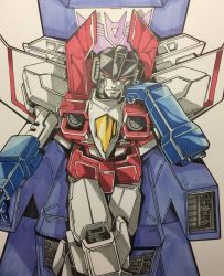 Rule 34 | 1boy, annoyed, clenched hand, crossed legs, decepticon, looking at viewer, marker (medium), mecha, no humans, robot, science fiction, solo, starscream, throne, traditional media, transformers, tsushima naoto, white background