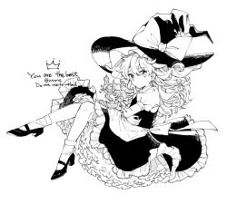 Rule 34 | 1girl, bow, braid, commentary request, flower, frilled skirt, frills, full body, greyscale, hair bow, hat, high heels, highres, kirisame marisa, long hair, looking at viewer, looking to the side, medium skirt, monochrome, natsume (menthol), puffy short sleeves, puffy sleeves, short sleeves, skirt, solo, touhou, white background, witch hat