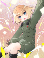 Rule 34 | 1girl, black footwear, black gloves, blonde hair, blue eyes, bob cut, boots, confetti, fang, floating, girls und panzer, gloves, green jumpsuit, highres, insignia, jumpsuit, katyusha (girls und panzer), long sleeves, looking at viewer, military, military uniform, open mouth, outstretched arms, pravda military uniform, short hair, short jumpsuit, skin fang, smile, solo, spread arms, streamers, uniform, vri (tinder box)