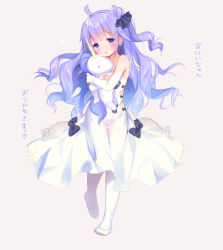 Rule 34 | 1girl, ahoge, armpits, azur lane, bare shoulders, black ribbon, blush, dress, elbow gloves, full body, gloves, grey background, hair bun, hair ribbon, head tilt, long hair, looking at viewer, hugging object, pantyhose, parted lips, piyodera mucha, purple eyes, purple hair, ribbon, shoes, side bun, simple background, single hair bun, single side bun, smile, solo, standing, standing on one leg, strapless, strapless dress, stuffed animal, stuffed toy, stuffed unicorn, stuffed winged unicorn, translation request, unicorn (azur lane), very long hair, white dress, white footwear, white gloves, white pantyhose