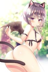 Rule 34 | 1girl, animal ears, ass, bat wings, black bra, blush, bottomless, bra, breasts, cat ears, cat tail, cowboy shot, finger to mouth, frilled bra, frills, grey hair, looking back, nanohana kohina, original, purple eyes, short hair, small breasts, solo, sunlight, tail, tail censor, underwear, wings