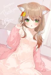 Rule 34 | 1girl, absurdres, animal ear fluff, animal ears, bare shoulders, bed, breasts, brown hair, buran buta, cardigan, claw pose, clothes down, commission, curtains, dress, green eyes, highres, long hair, on bed, open cardigan, open clothes, pink cardigan, second-party source, sitting, skeb commission, sleeveless, sleeveless dress, sleeves past fingers, sleeves past wrists, small breasts, vrchat, white dress