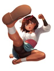 Rule 34 | 1girl, ajna (indivisible), ankle wrap, beads, bike shorts, bracelet, breasts, brown hair, dark-skinned female, dark skin, hair ornament, highres, indivisible, jewelry, long hair, looking at viewer, open mouth, ranma (kamenrideroz), sandals, short hair, simple background, solo, white background
