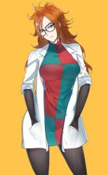 Rule 34 | 1girl, android 21, arm warmers, big hair, black-framed eyewear, black pantyhose, blue eyes, breasts, brown hair, curly hair, dragon ball, dragon ball fighterz, dress, earrings, female focus, glasses, hands in pockets, highres, hoop earrings, jewelry, lab coat, large breasts, long hair, multicolored clothes, multicolored dress, pantyhose, solo, standing, thighs, yellow background