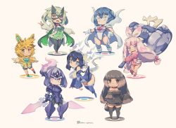 Rule 34 | 6+girls, armor, black thighhighs, blonde hair, blue hair, brown eyes, brown hair, cape, ceruledge, clodsire, closed mouth, creatures (company), full body, game freak, green hair, grey hair, helmet, holding, holding sword, holding weapon, humanization, kuromiya, long hair, looking at viewer, mask, meowscarada, miraidon, multicolored hair, multiple girls, nintendo, open mouth, palafin, pawmot, personification, pink hair, pokemon, short hair, sleeves past fingers, sleeves past wrists, standing, sword, tail, thighhighs, thighs, tinkaton, twitter username, two-tone hair, weapon, white cape, white eyes, white hair, yellow background, yellow eyes