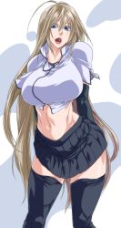 Rule 34 | 1girl, absurdres, blonde hair, blue eyes, breasts, highres, huge breasts, long hair, midriff, navel, open mouth, original, shirt, skirt, solo, taut clothes, taut shirt, thighhighs, thighs, very long hair, waifu2x, wide hips