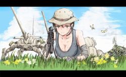 Rule 34 | 1girl, artillery, bad id, bad pixiv id, bipod, boonie hat, breasts, brown eyes, brown hair, bug, butterfly, cannon, cleavage, cloud, day, gloves, grass, gun, hat, headset, insect, large breasts, letterboxed, mecha, military, military uniform, original, radio antenna, rifle, robot, scope, sniper rifle, soldier, sweat, tank top, uniform, weapon, yrafy