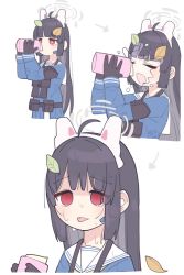 Rule 34 | 1girl, ahoge, animal ears, armband, arrow (symbol), binoculars, black gloves, black hair, blue archive, blue serafuku, blue skirt, check commentary, closed eyes, commentary, commentary request, drinking, fake animal ears, female focus, footprints, gloves, hair ornament, halo, hands up, highres, hime cut, kamo (kamonabe 44), leaf hair ornament, long hair, long sleeves, looking at viewer, miyu (blue archive), multiple views, open mouth, progression, rabbit ears, red eyes, sailor collar, school uniform, serafuku, sidelocks, simple background, skirt, spill, thermos, tongue, tongue out, wet, wet clothes, wet face, wet hair, white background, white sailor collar