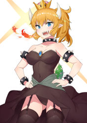 Rule 34 | 1girl, absurdres, armlet, bad id, bad pixiv id, bare shoulders, black leotard, black thighhighs, blonde hair, blue eyes, bowsette, breasts, cleavage, collar, collarbone, covered navel, crown, earrings, fangs, fire, garter straps, hands on own hips, highres, horns, jewelry, large breasts, leotard, long hair, looking at viewer, manglifer, mario (series), new super mario bros. u deluxe, nintendo, pointy ears, ponytail, sharp teeth, sidelocks, skindentation, solo, spiked armlet, spiked collar, spiked shell, spikes, standing, super crown, tail, teeth, thighhighs, thighs, tongue, tongue out
