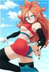 Rule 34 | 1girl, absurdres, adapted costume, android 21, arm warmers, artist request, ass, back, black-framed eyewear, black nails, black thighhighs, blue eyes, blue sky, breasts, butt crack, cloud, curly hair, day, dragon ball, dragon ball fighterz, dress, ear piercing, earrings, female focus, glasses, high heels, highres, hip focus, hoop earrings, jewelry, long hair, medium breasts, multicolored boots, multicolored clothes, multicolored dress, nail polish, piercing, red hair, ring, sky, solo, thighhighs, thighs, underboob