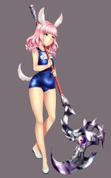 Rule 34 | 1girl, animal ears, axe, bad id, bad pixiv id, blue eyes, rabbit ears, dog tail, elin, highres, long hair, one-piece swimsuit, pink hair, school swimsuit, smile, solo, swimsuit, tail, tera online, weapon, y.i. (lave2217)