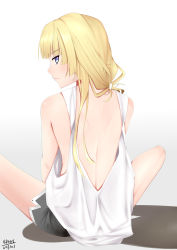 Rule 34 | 1girl, 2017, absurdres, black shorts, blonde hair, blue eyes, blunt bangs, dated, from behind, gradient background, grey background, highres, long hair, looking at viewer, looking back, original, profile, short shorts, shorts, shoulder blades, signature, sitting, sleeveless, solo, viktorf, white background