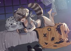 Rule 34 | 1girl, animal ears, feet up, grey skirt, indie virtual youtuber, lying, midriff, navel, night, on side, one eye closed, open mouth, raccoon ears, raccoon girl, raccoon tail, shoes, unworn shoes, skirt, snuffy (vtuber), snuffy (vtuber) (1st costume), star (sky), stomach, tail, toes, tongue, tongue out, uhhgaoh, virtual youtuber