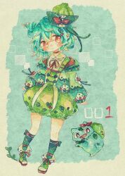 Rule 34 | 1girl, blush, bubble skirt, bulbasaur, choker, cone hair bun, creature and personification, creatures (company), full body, game freak, gen 1 pokemon, green footwear, green hair, green headwear, green jacket, green shirt, green skirt, green socks, hair bun, hair ornament, heart, heart hair ornament, highres, hood, hooded jacket, jacket, kanato345, long sleeves, nintendo, no nose, personification, pokedex number, pokemon, pokemon (creature), red eyes, red ribbon, ribbon, shirt, skirt, smile, socks, traditional media