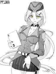 Rule 34 | 1girl, absurdres, belt, belt buckle, black nails, black skirt, breasts, buckle, buttons, cellphone, cleavage, girls&#039; frontline, hat, highres, jacket, light smile, long hair, looking at viewer, medium breasts, minami shin (zenshuu bougyo), miniskirt, monochrome, phone, pp-2000 (girls&#039; frontline), shirt, simple background, skirt, striped clothes, striped shirt, very long hair, white background, yellow eyes