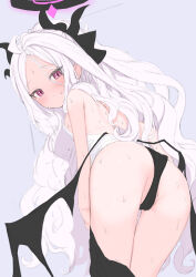 Rule 34 | 1girl, absurdres, armpit crease, ass, back, blue archive, blush, cameltoe, grey background, highres, hina (blue archive), legs together, leotard, long hair, looking back, red eyes, simple background, sweat, sweatdrop, tutinako, very long hair, white hair