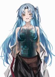 Rule 34 | 1girl, angela (project moon), binary, blue hair, collarbone, hair over breasts, highres, long hair, mu46016419, necktie, open clothes, open skirt, pantyhose, project moon, red necktie, shirt, simple background, skirt, solo, topless, undressing, very long hair, white background, white shirt, yellow eyes