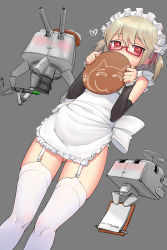 Rule 34 | 1girl, 2016, absurdres, alternate costume, apron, artist name, blush, bow, cannon, covering breasts, covering own mouth, covering privates, cowboy shot, dated, detached sleeves, dutch angle, enmaided, eyebrows, frills, from below, garter straps, glasses, gluteal fold, grey background, hair between eyes, heart, hibiki (warship girls r), highres, holding, holding tray, large bow, looking at viewer, machinery, maid, maid apron, maid headdress, no pants, notepad, red-framed eyewear, red eyes, red ribbon, redauto, ribbon, short hair, short twintails, silver hair, skindentation, solo, standing, thighhighs, torpedo, tray, turret, twintails, verniy (warship girls r), warship girls r, white bow, white thighhighs