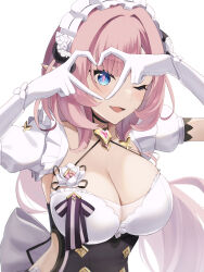Rule 34 | 1girl, blue eyes, breasts, cleavage, elbow gloves, elysia (honkai impact), flower, gloves, heart, heart hands, highres, honkai (series), honkai impact 3rd, large breasts, looking at viewer, maid, maid headdress, one eye closed, pink hair, pink pupils, pointy ears, smile, ura (hamburg oniku), white background, white gloves
