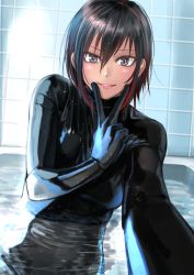 Rule 34 | 1girl, bathing, black bodysuit, black hair, blush, bodysuit, brown eyes, hand on own face, indoors, kilye kairi, latex, latex bodysuit, looking at viewer, multicolored hair, one-piece swimsuit, original, parted lips, red hair, skin tight, smile, solo, streaked hair, swimsuit, v, v over mouth