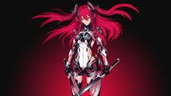 Rule 34 | 1girl, absurdres, armor, black background, blade, blush, breasts, feet out of frame, gloves, gradient background, highres, holding, holding weapon, large breasts, long hair, mecha, mechanical arms, nidy, original, red background, red eyes, red hair, robot, serious, weapon
