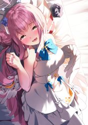 Rule 34 | 1girl, absurdres, angel wings, armpit crease, blue archive, blue bow, blue bowtie, blush, bow, bowtie, breasts, crossed bangs, curtains, dress, flower, frilled dress, frills, from above, from side, hair bun, hair flower, hair ornament, halo, hand up, highres, hosigarasu22, large breasts, long hair, looking at viewer, lying, mika (blue archive), on back, on bed, open mouth, pillow, pink hair, scrunchie, sidelocks, single side bun, sleeveless, sleeveless dress, smile, solo, thighhighs, very long hair, wavy mouth, white curtains, white dress, wing ornament, wings, wrist scrunchie, yellow eyes