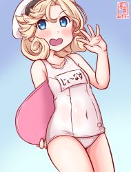 Rule 34 | 1girl, alternate costume, artist logo, blonde hair, blue background, blue eyes, cowboy shot, dated, flat chest, gradient background, hat, janus (kancolle), kanon (kurogane knights), kantai collection, kickboard, name tag, one-hour drawing challenge, one-piece swimsuit, open mouth, parted bangs, sailor hat, school uniform, short hair, solo, standing, swimsuit, white hat, white one-piece swimsuit