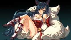 Rule 34 | 1girl, ahri (league of legends), animal ears, bare shoulders, black hair, breasts, cleavage, collarbone, detached sleeves, facial mark, fox ears, fox tail, gradient background, highres, korean clothes, league of legends, long hair, looking at viewer, multiple tails, sitting, slit pupils, smile, solo, tail, whisker markings, yellow eyes