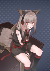 Rule 34 | 1girl, absurdres, animal ears, arknights, black footwear, black gloves, black shirt, black skirt, diamond-shaped pupils, diamond (shape), facial tattoo, feet out of frame, fingerless gloves, fox ears, fox girl, fox tail, frostleaf (arknights), gloves, grey hair, headphones, highres, implied extra ears, looking at viewer, material growth, oripathy lesion (arknights), red eyes, red nails, shirt, short sleeves, skirt, solo, suzubotan, symbol-shaped pupils, tail, tattoo