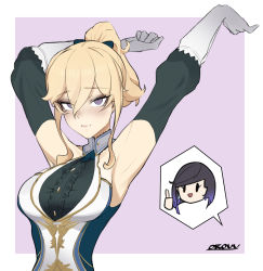 Rule 34 | 2girls, :d, armpits, arms up, bare shoulders, black hair, blonde hair, blue hair, bob cut, border, breasts, chibi, commentary, detached sleeves, genshin impact, gloves, gradient hair, grey gloves, highres, jean (genshin impact), jean (gunnhildr&#039;s legacy) (genshin impact), large breasts, multicolored hair, multiple girls, open mouth, orouu, outside border, ponytail, purple background, purple eyes, short hair, simple background, sleeveless, smile, thumbs up, upper body, white border, yelan (genshin impact), | |