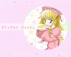 Rule 34 | 00s, 1girl, aoi kumiko, blonde hair, bow, drinking, green eyes, hinaichigo, pink bow, ribbon, rozen maiden, solo, wallpaper