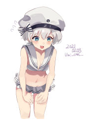 Rule 34 | 1girl, absurdres, bikini, blue eyes, clothes writing, commentary request, cropped legs, dated, flying sweatdrops, frilled skirt, frills, hands on own thighs, hat, highres, kantai collection, microskirt, one-hour drawing challenge, sailor bikini, sailor collar, sailor hat, short hair, silver hair, simple background, skirt, solo, standing, swimsuit, twitter username, umi owl, white background, white bikini, white hat, white sailor collar, z1 leberecht maass (kancolle)