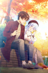 Rule 34 | 1boy, 1girl, 86 -eightysix-, absurdres, alternate costume, autumn, bottle, brown hair, brown headwear, casual, coat, couple, day, from below, grey eyes, grey hair, grey pants, head tilt, highres, holding, holding bottle, lens flare, long hair, long sleeves, open clothes, open coat, open mouth, outdoors, pants, red coat, red eyes, shinei nouzen, shintake, shirt, short hair, sweater, vladilena millize, white shirt, white sweater
