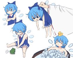 Rule 34 | 2girls, barefoot, bathing, bird, blue eyes, blue hair, cirno, closed eyes, closed mouth, crossed arms, duck, esthoric, frog, full body, hakurei reimu, highres, ice, ice wings, multiple girls, multiple views, musical note, ribbon-trimmed sleeves, ribbon trim, short hair, simple background, sitting, speech bubble, touhou, v-shaped eyebrows, v arms, whistling, white background, wings